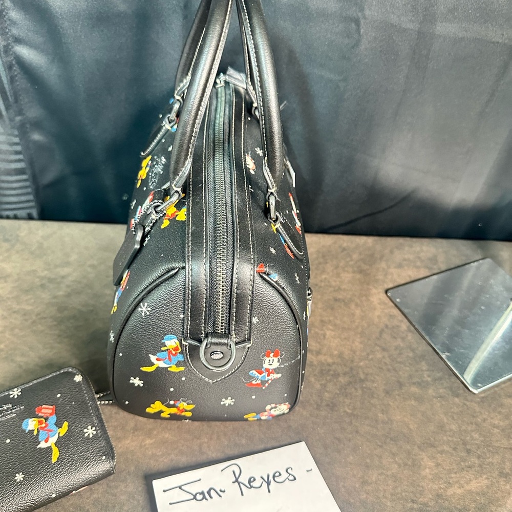 COACH Disney X Coach Rowan Satchel With Holiday Print Black and wallet 🥳 - Picture 6 of 15